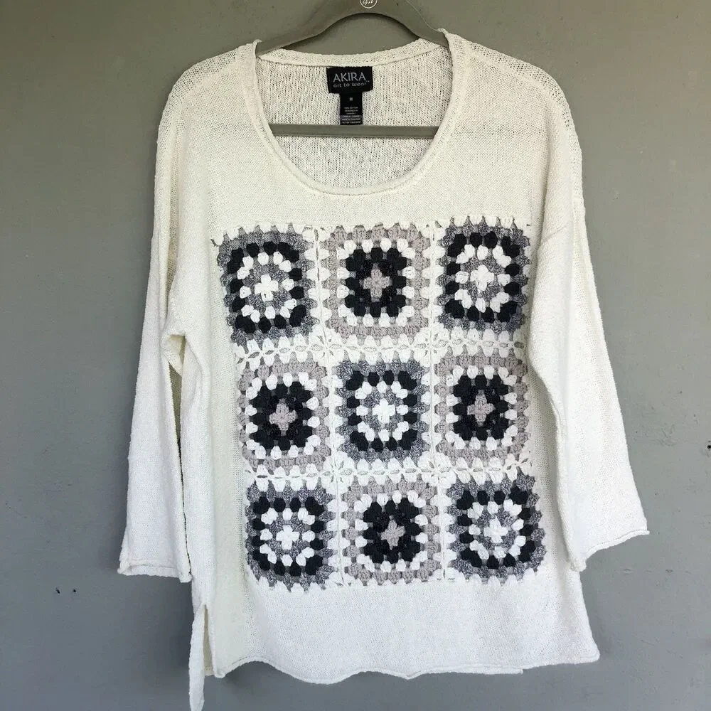 Womens Crochet Granny Square Knit Top M Boho Cottagecore Sweater Y2K Festival